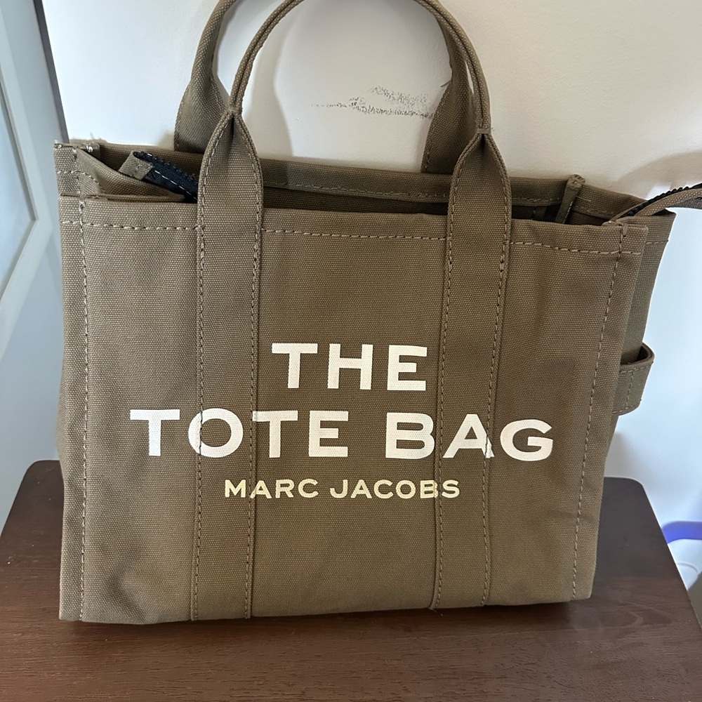 Marc Jacobs Tan Tote Bag with Bold Text and Structured Design